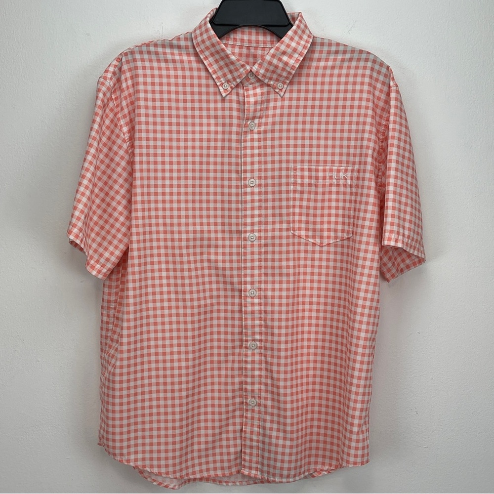Huk Vented Shirt Mens Medium Orange Check Short Sleeve Button Up Casual Outdoor